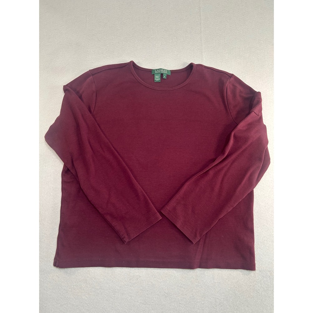 Lauren Ralph Lauren Long Sleeve Top Women XL‎ Burgundy Cotton Sleeve Pocket Logo